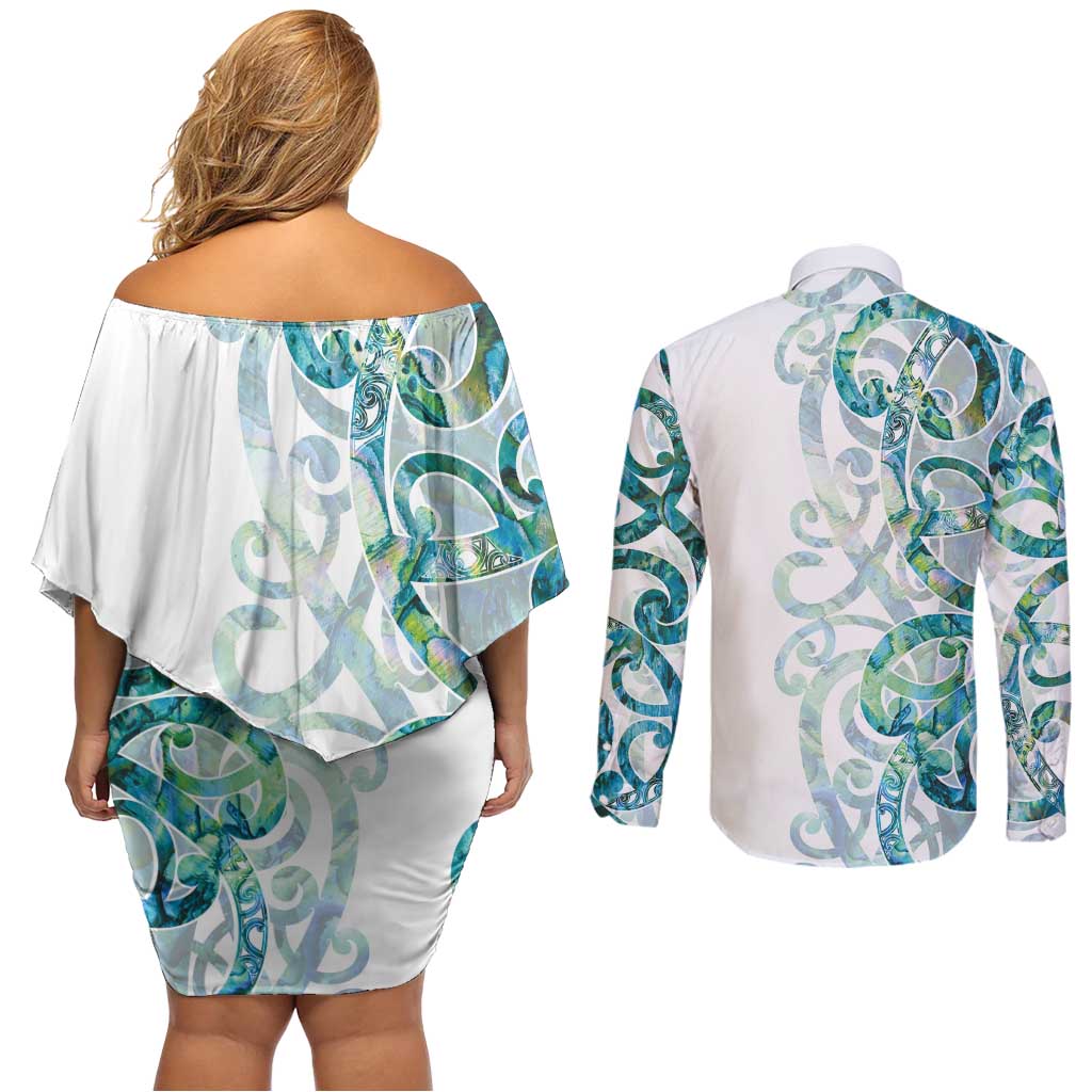 Paua Shell Maori Couples Matching Off Shoulder Short Dress and Long Sleeve Button Shirt Koru Kowhaiwhai - Aussie Hoodie