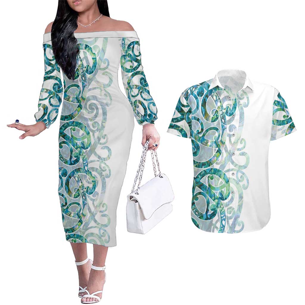 Paua Shell Maori Couples Matching Off The Shoulder Long Sleeve Dress and Hawaiian Shirt Koru Kowhaiwhai - Aussie Hoodie