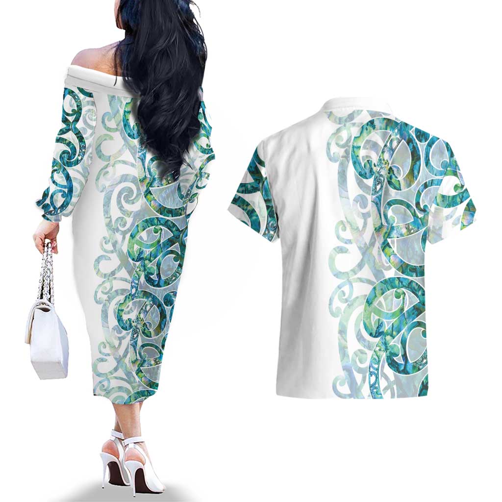 Paua Shell Maori Couples Matching Off The Shoulder Long Sleeve Dress and Hawaiian Shirt Koru Kowhaiwhai - Aussie Hoodie
