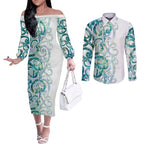 Paua Shell Maori Couples Matching Off The Shoulder Long Sleeve Dress and Long Sleeve Button Shirt Koru Kowhaiwhai - Aussie Hoodie