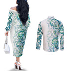 Paua Shell Maori Couples Matching Off The Shoulder Long Sleeve Dress and Long Sleeve Button Shirt Koru Kowhaiwhai - Aussie Hoodie
