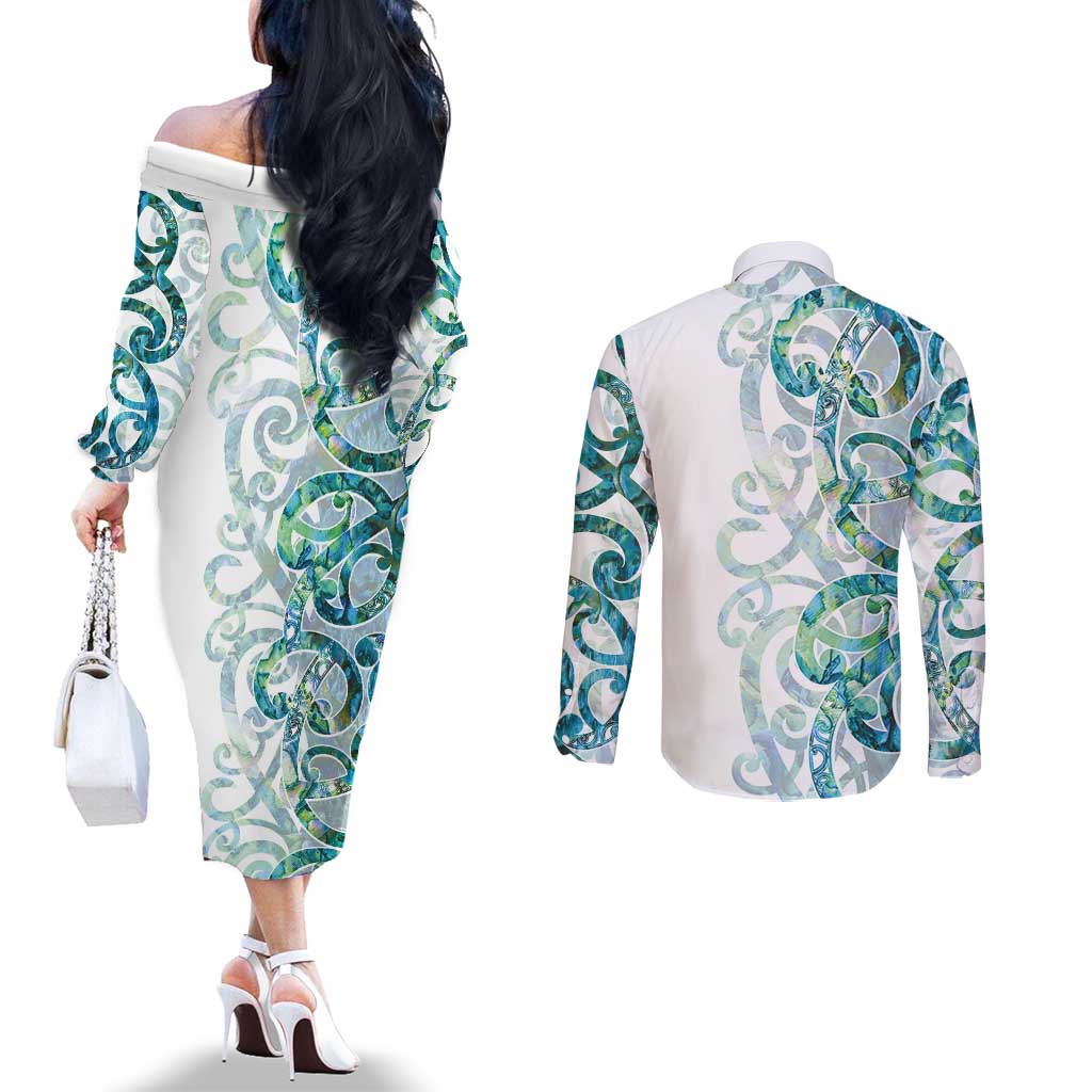 Paua Shell Maori Couples Matching Off The Shoulder Long Sleeve Dress and Long Sleeve Button Shirt Koru Kowhaiwhai - Aussie Hoodie
