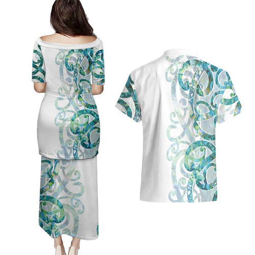 Paua Shell Maori Couples Matching Puletasi and Hawaiian Shirt Koru Kowhaiwhai - Aussie Hoodie