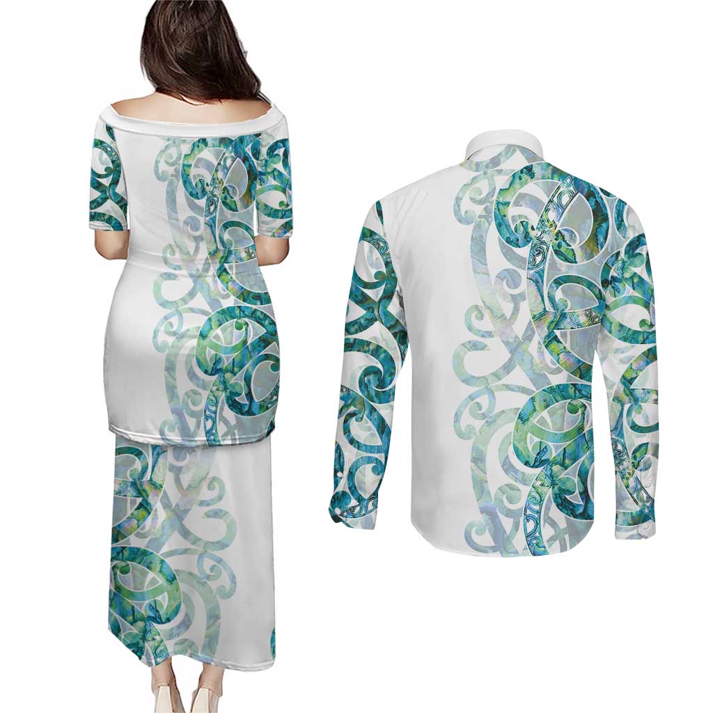 Paua Shell Maori Couples Matching Puletasi and Long Sleeve Button Shirt Koru Kowhaiwhai - Aussie Hoodie