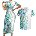 Paua Shell Maori Couples Matching Short Sleeve Bodycon Dress and Hawaiian Shirt Koru Kowhaiwhai - Aussie Hoodie