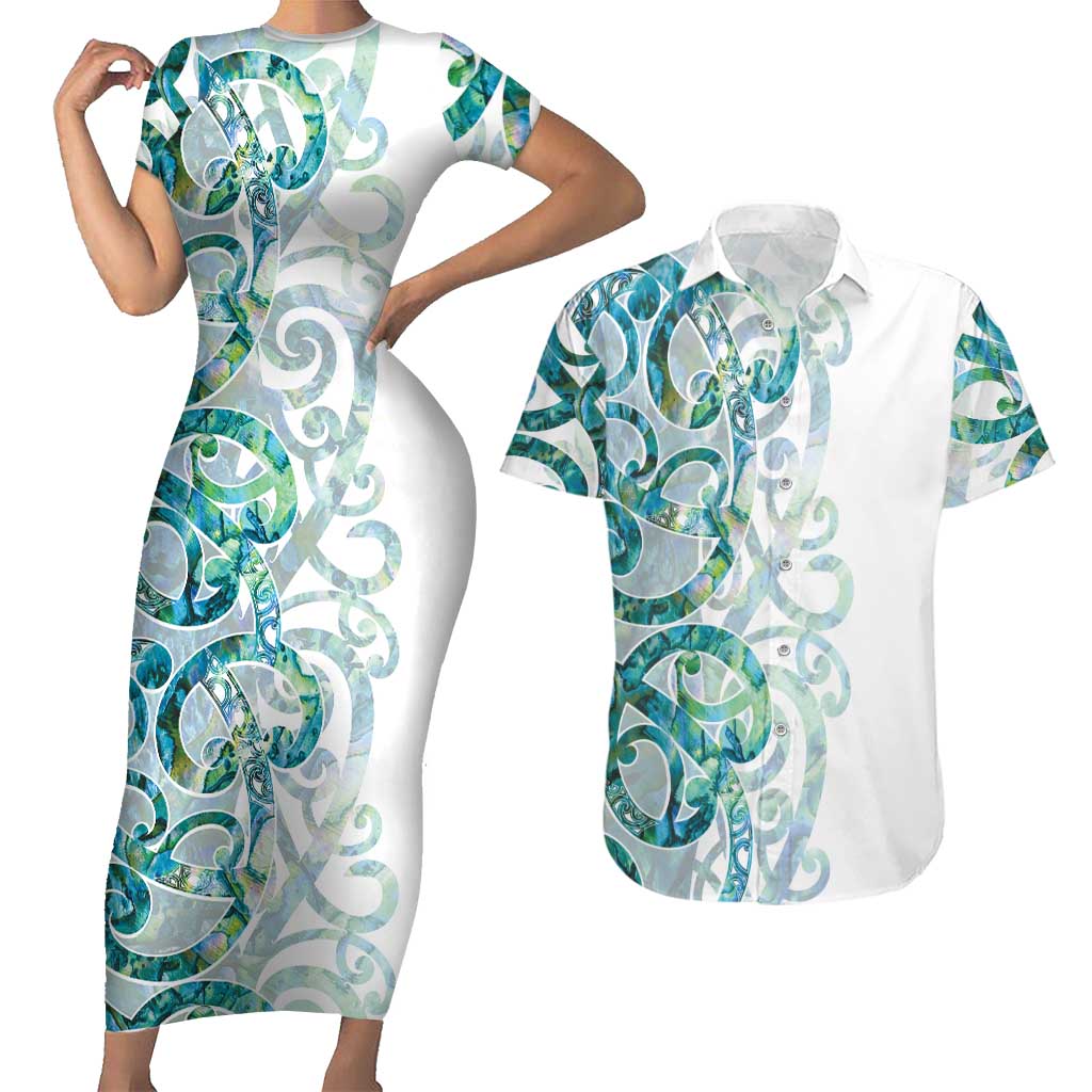 Paua Shell Maori Couples Matching Short Sleeve Bodycon Dress and Hawaiian Shirt Koru Kowhaiwhai - Aussie Hoodie