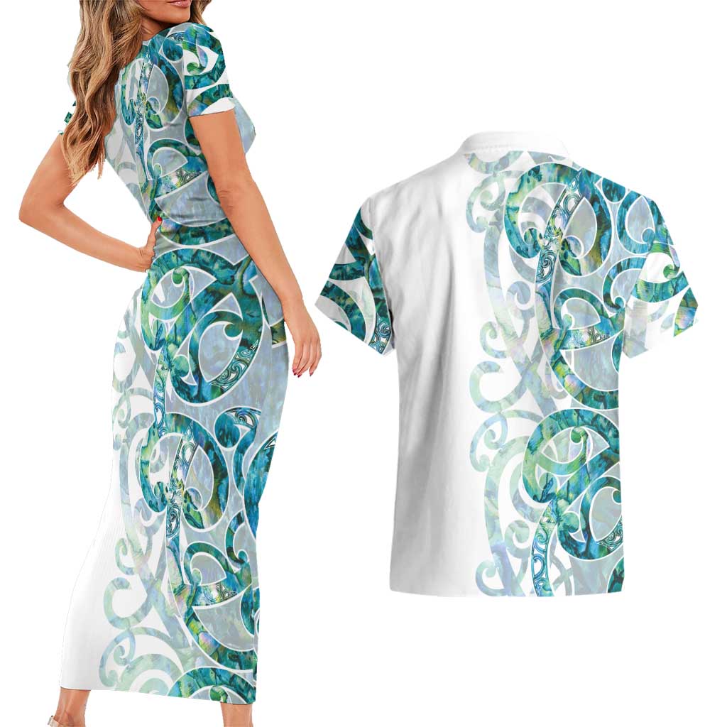 Paua Shell Maori Couples Matching Short Sleeve Bodycon Dress and Hawaiian Shirt Koru Kowhaiwhai - Aussie Hoodie
