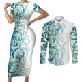 Paua Shell Maori Couples Matching Short Sleeve Bodycon Dress and Long Sleeve Button Shirt Koru Kowhaiwhai - Aussie Hoodie