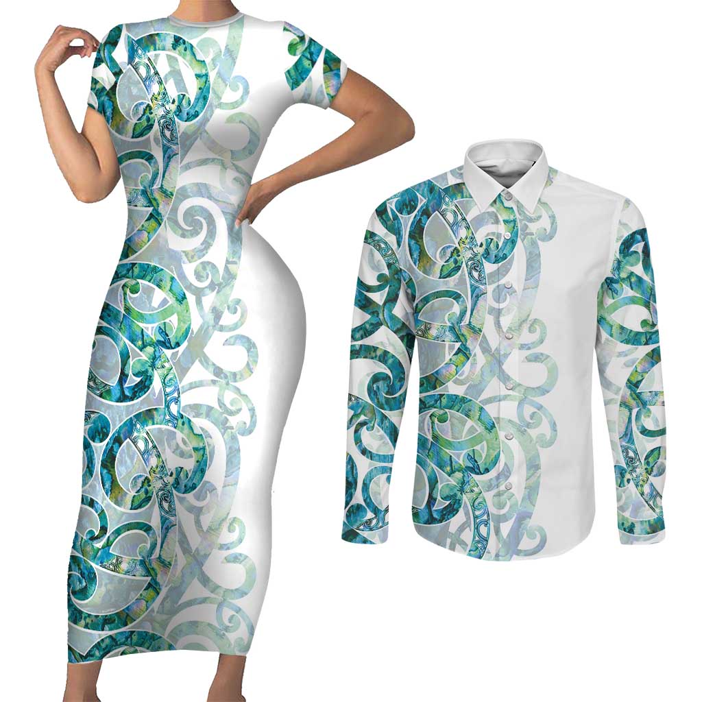 Paua Shell Maori Couples Matching Short Sleeve Bodycon Dress and Long Sleeve Button Shirt Koru Kowhaiwhai - Aussie Hoodie