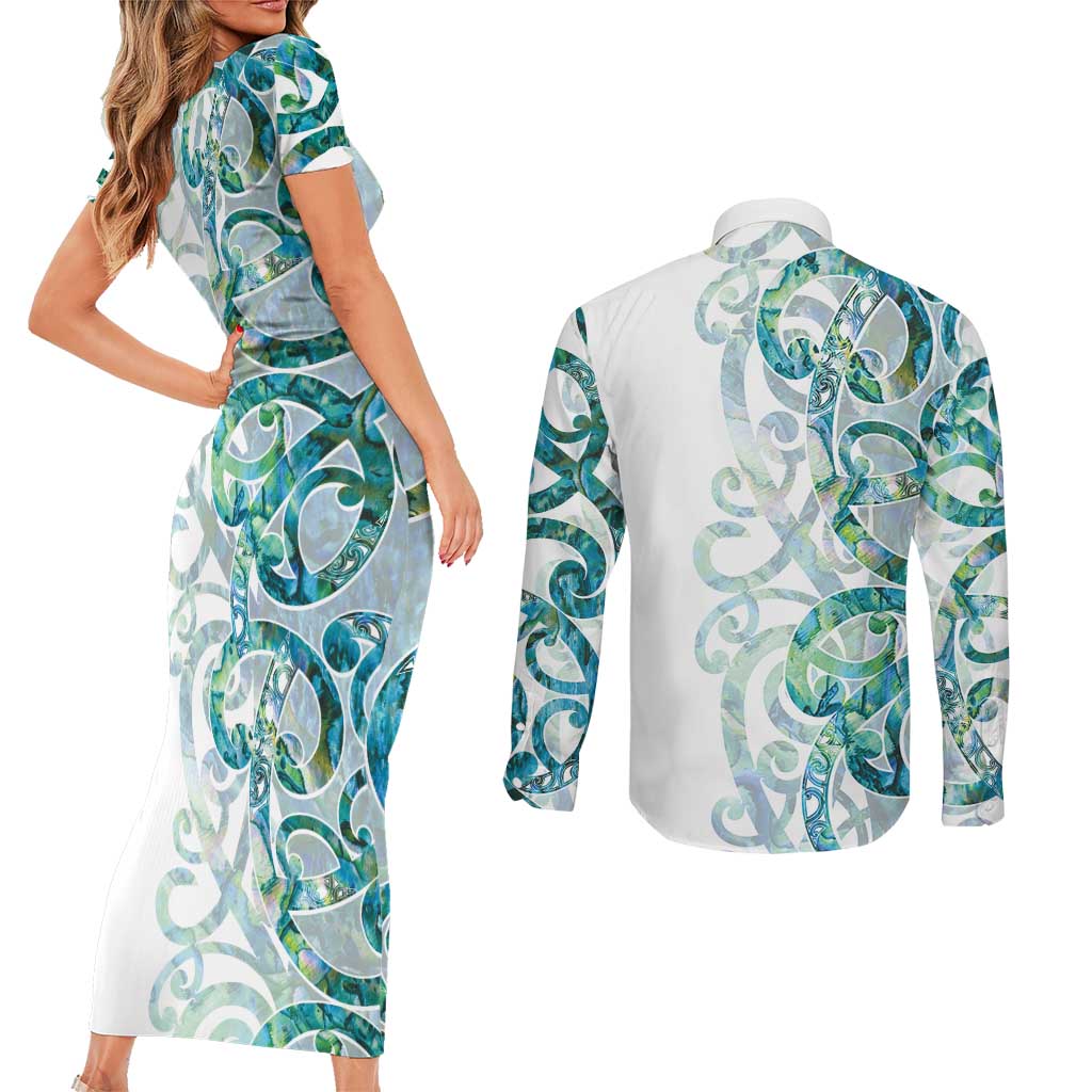 Paua Shell Maori Couples Matching Short Sleeve Bodycon Dress and Long Sleeve Button Shirt Koru Kowhaiwhai - Aussie Hoodie