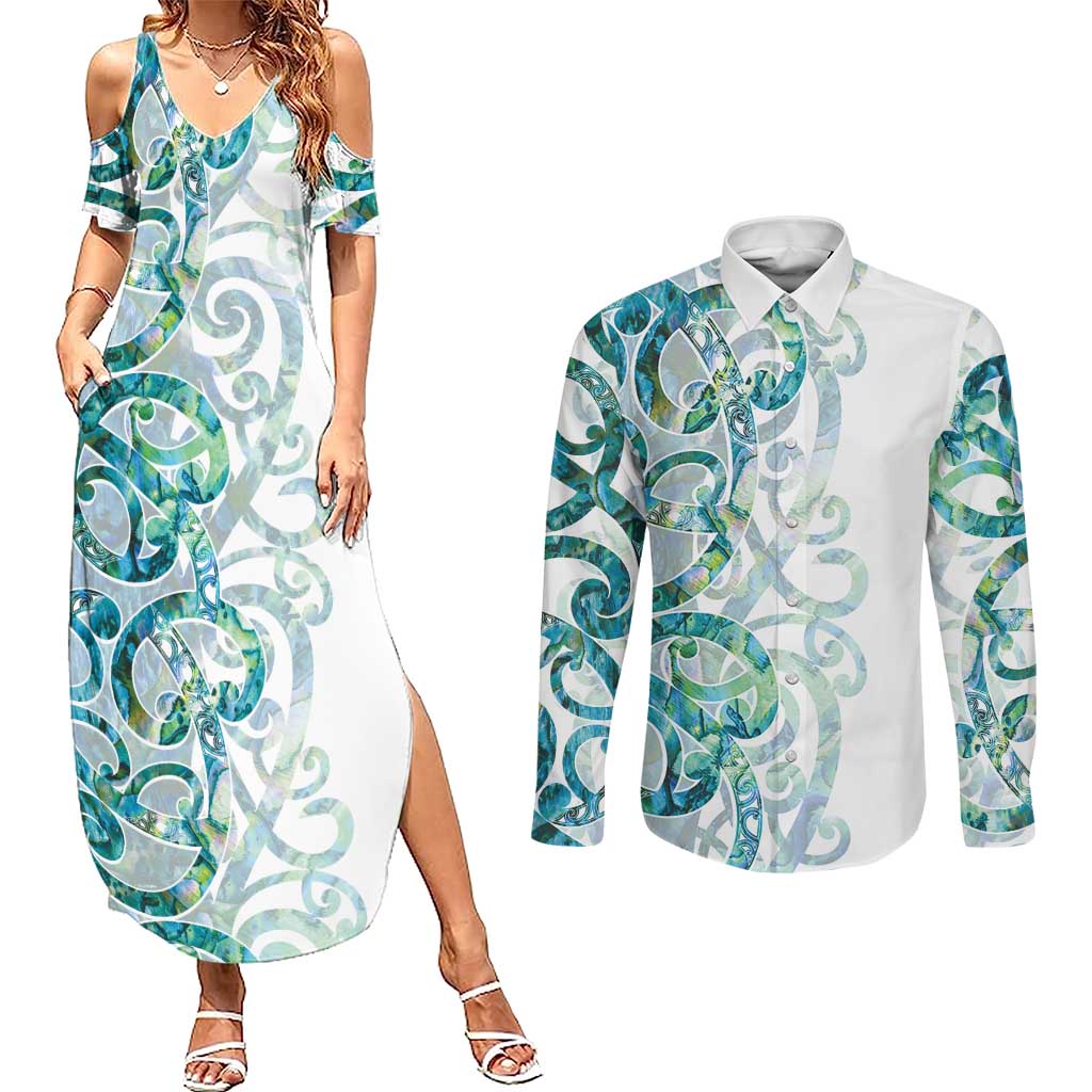 Paua Shell Maori Couples Matching Summer Maxi Dress and Long Sleeve Button Shirt Koru Kowhaiwhai - Aussie Hoodie