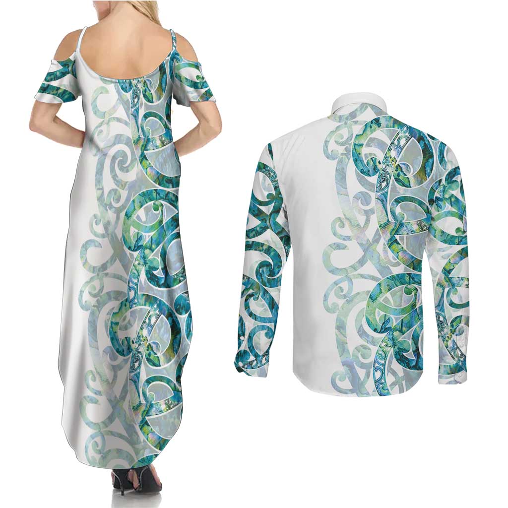 Paua Shell Maori Couples Matching Summer Maxi Dress and Long Sleeve Button Shirt Koru Kowhaiwhai - Aussie Hoodie
