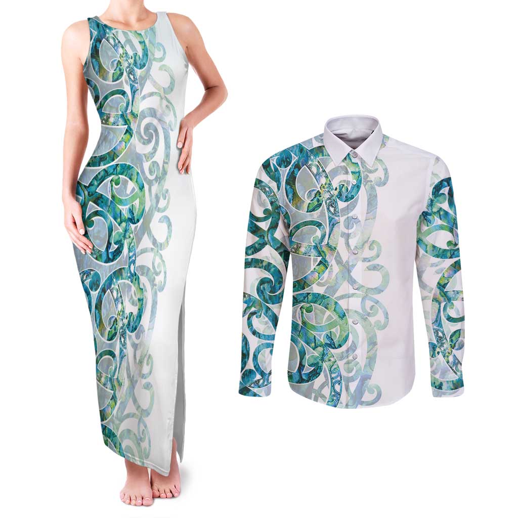 Paua Shell Maori Couples Matching Tank Maxi Dress and Long Sleeve Button Shirt Koru Kowhaiwhai - Aussie Hoodie