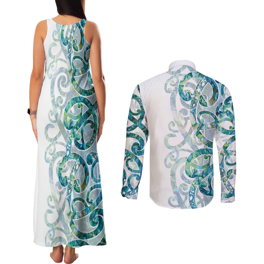 Paua Shell Maori Couples Matching Tank Maxi Dress and Long Sleeve Button Shirt Koru Kowhaiwhai - Aussie Hoodie