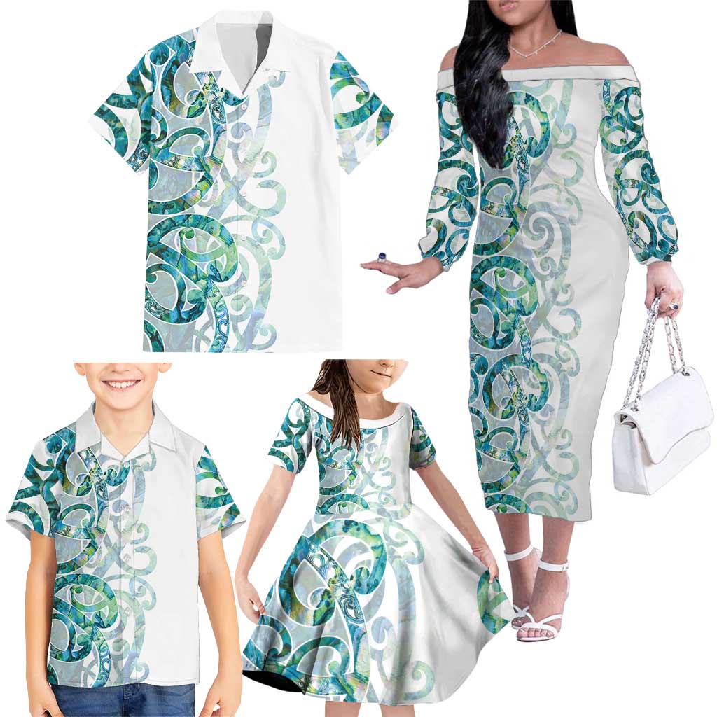Paua Shell Maori Family Matching Off The Shoulder Long Sleeve Dress and Hawaiian Shirt Koru Kowhaiwhai - Aussie Hoodie