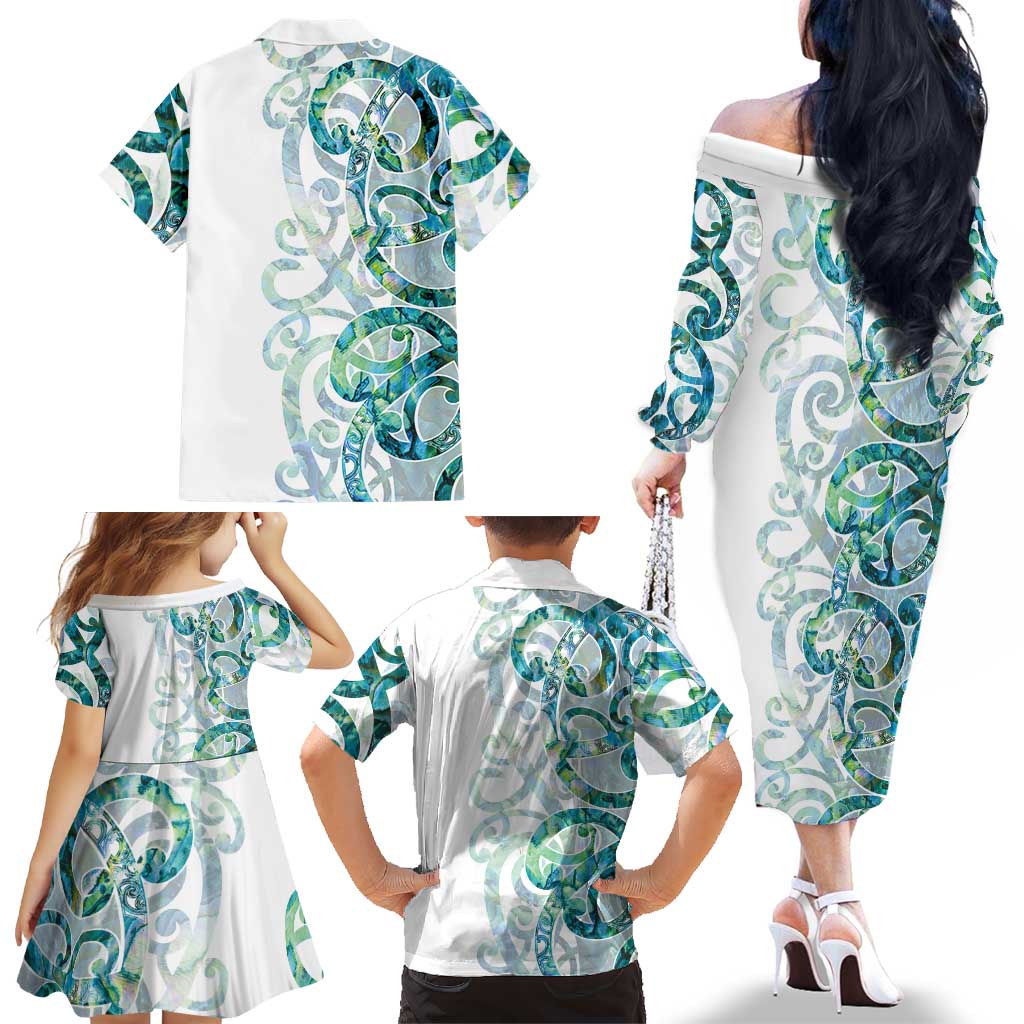 Paua Shell Maori Family Matching Off The Shoulder Long Sleeve Dress and Hawaiian Shirt Koru Kowhaiwhai - Aussie Hoodie
