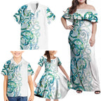 Paua Shell Maori Family Matching Off Shoulder Maxi Dress and Hawaiian Shirt Koru Kowhaiwhai - Aussie Hoodie