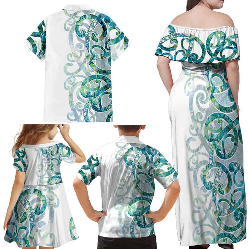 Paua Shell Maori Family Matching Off Shoulder Maxi Dress and Hawaiian Shirt Koru Kowhaiwhai - Aussie Hoodie