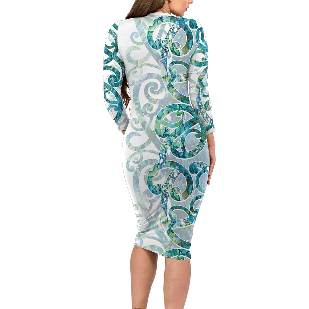 Paua Shell Maori Long Sleeve Bodycon Dress Koru Kowhaiwhai - Aussie Hoodie