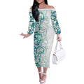 Paua Shell Maori Off The Shoulder Long Sleeve Dress Koru Kowhaiwhai - Aussie Hoodie