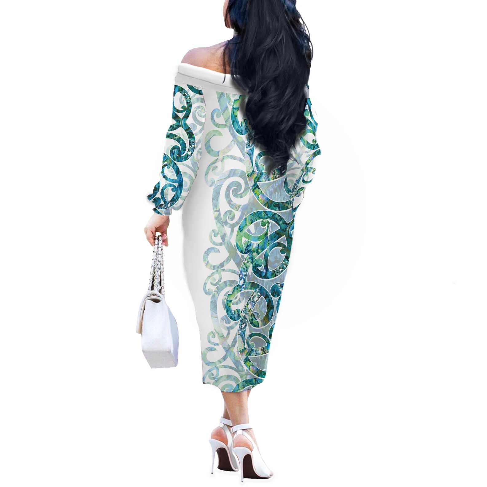 Paua Shell Maori Off The Shoulder Long Sleeve Dress Koru Kowhaiwhai - Aussie Hoodie