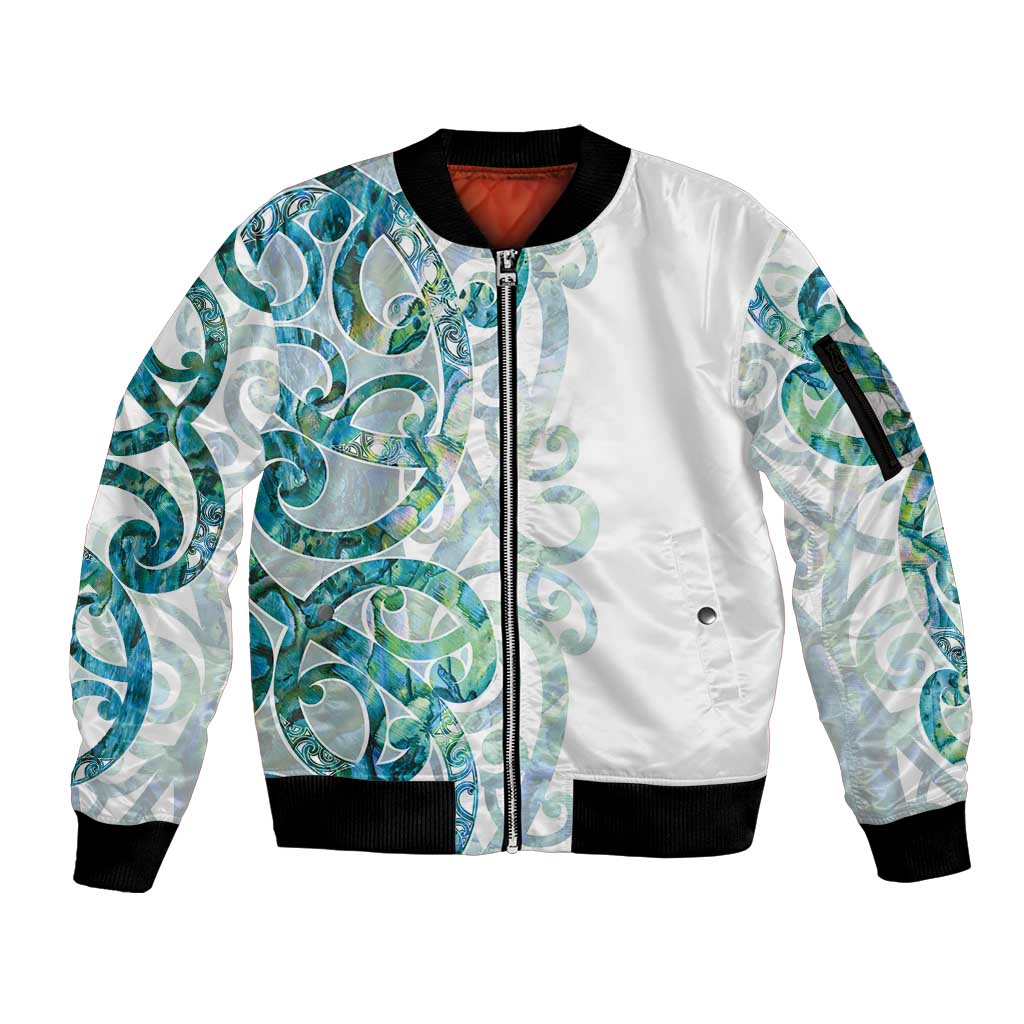 Paua Shell Maori Sleeve Zip Bomber Jacket Koru Kowhaiwhai - Aussie Hoodie