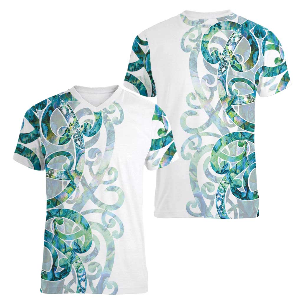 Paua Shell Maori Women V-Neck T-Shirt Koru Kowhaiwhai - Aussie Hoodie