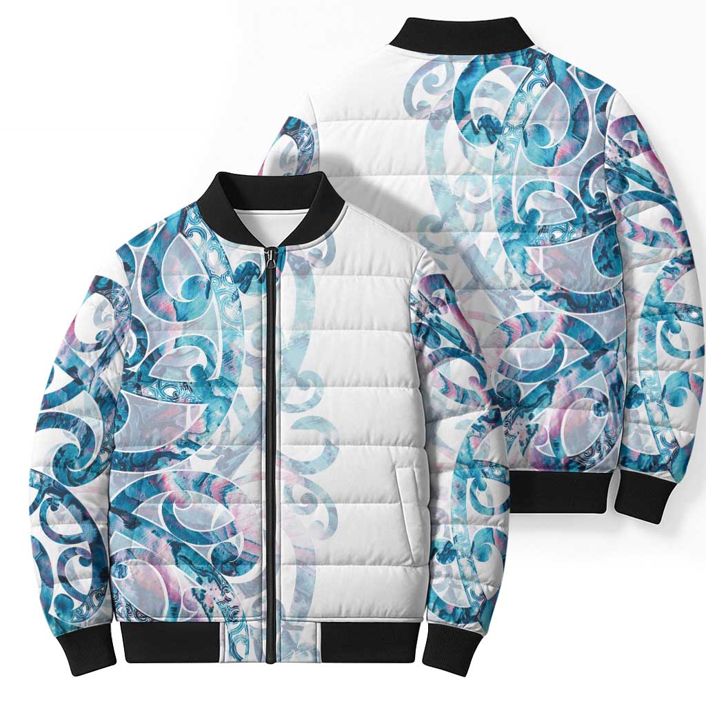 Turquoise Paua Shell Maori Bomber Puffer Jacket Koru Kowhaiwhai - Aussie Hoodie