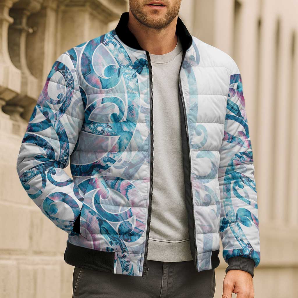 Turquoise Paua Shell Maori Bomber Puffer Jacket Koru Kowhaiwhai - Aussie Hoodie