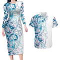 Turquoise Paua Shell Maori Couples Matching Long Sleeve Bodycon Dress and Hawaiian Shirt Koru Kowhaiwhai - Aussie Hoodie