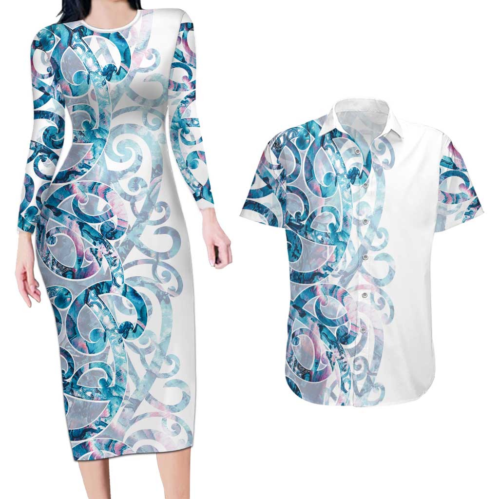Turquoise Paua Shell Maori Couples Matching Long Sleeve Bodycon Dress and Hawaiian Shirt Koru Kowhaiwhai - Aussie Hoodie