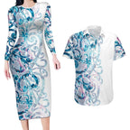Turquoise Paua Shell Maori Couples Matching Long Sleeve Bodycon Dress and Hawaiian Shirt Koru Kowhaiwhai - Aussie Hoodie