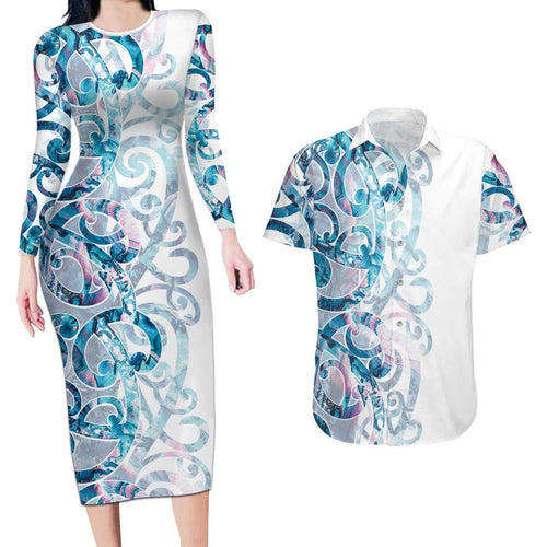 Turquoise Paua Shell Maori Couples Matching Long Sleeve Bodycon Dress and Hawaiian Shirt Koru Kowhaiwhai - Aussie Hoodie