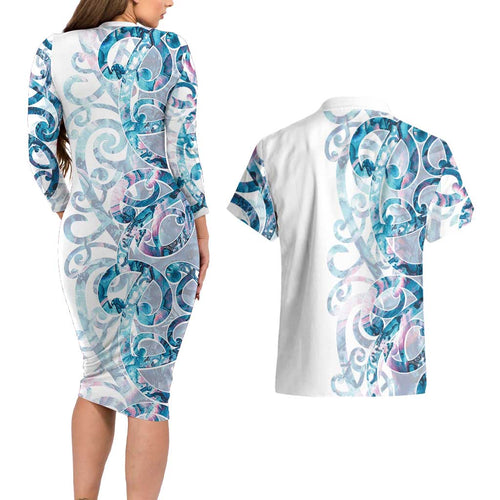 Turquoise Paua Shell Maori Couples Matching Long Sleeve Bodycon Dress and Hawaiian Shirt Koru Kowhaiwhai - Aussie Hoodie
