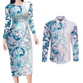 Turquoise Paua Shell Maori Couples Matching Long Sleeve Bodycon Dress and Long Sleeve Button Shirt Koru Kowhaiwhai - Aussie Hoodie