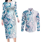 Turquoise Paua Shell Maori Couples Matching Long Sleeve Bodycon Dress and Long Sleeve Button Shirt Koru Kowhaiwhai - Aussie Hoodie