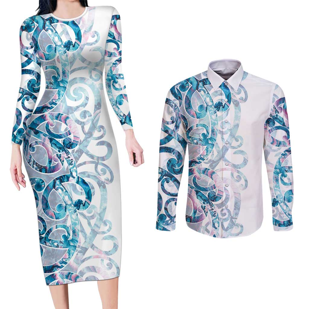 Turquoise Paua Shell Maori Couples Matching Long Sleeve Bodycon Dress and Long Sleeve Button Shirt Koru Kowhaiwhai - Aussie Hoodie
