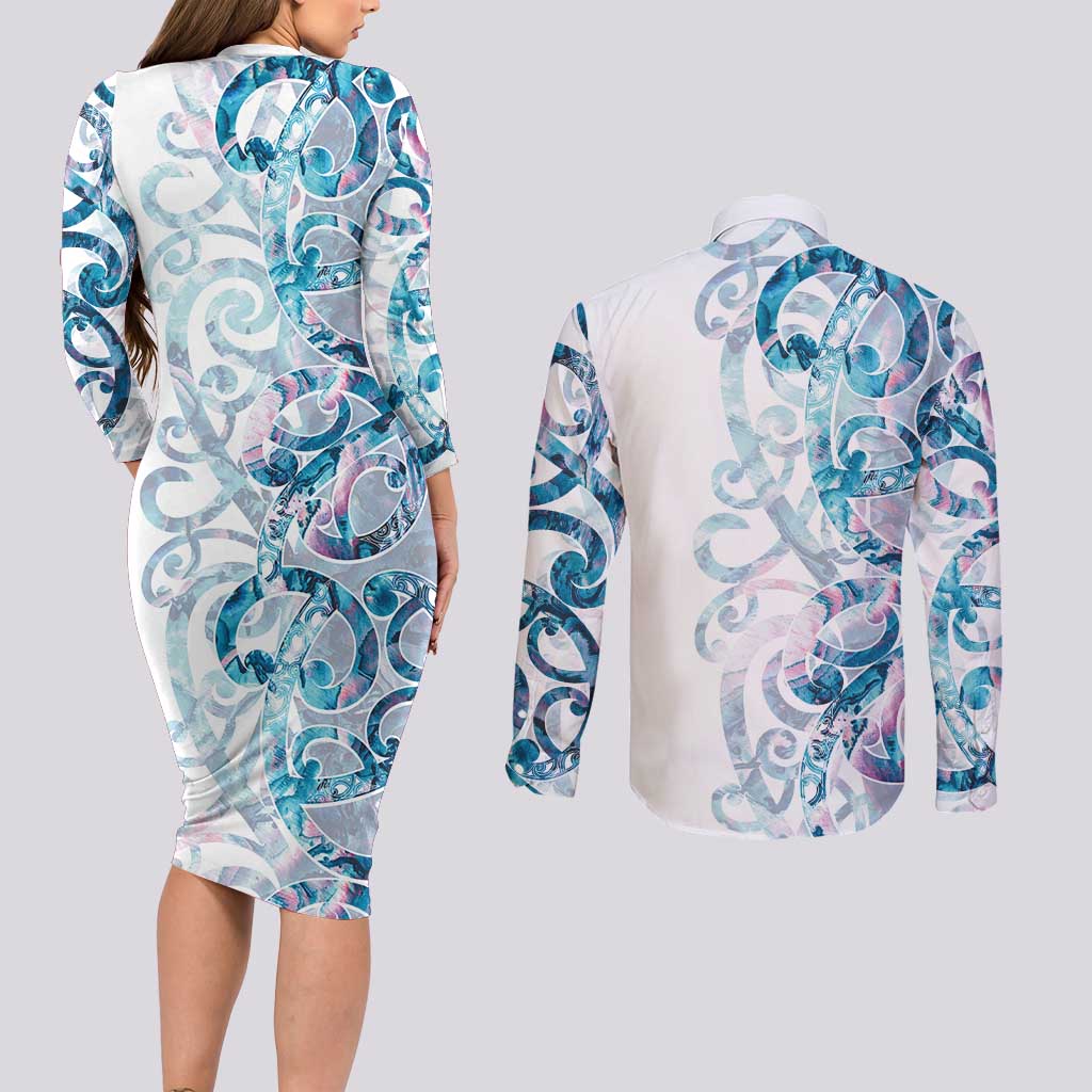 Turquoise Paua Shell Maori Couples Matching Long Sleeve Bodycon Dress and Long Sleeve Button Shirt Koru Kowhaiwhai - Aussie Hoodie