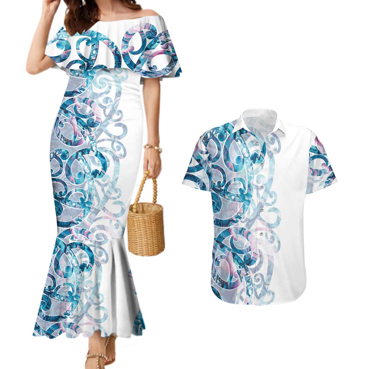 Turquoise Paua Shell Maori Couples Matching Mermaid Dress and Hawaiian Shirt Koru Kowhaiwhai - Aussie Hoodie