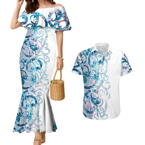 Turquoise Paua Shell Maori Couples Matching Mermaid Dress and Hawaiian Shirt Koru Kowhaiwhai - Aussie Hoodie