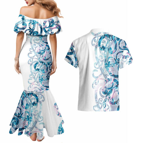 Turquoise Paua Shell Maori Couples Matching Mermaid Dress and Hawaiian Shirt Koru Kowhaiwhai - Aussie Hoodie