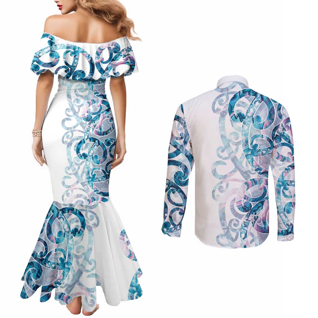 Turquoise Paua Shell Maori Couples Matching Mermaid Dress and Long Sleeve Button Shirt Koru Kowhaiwhai - Aussie Hoodie