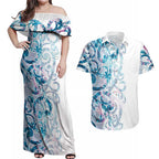 Turquoise Paua Shell Maori Couples Matching Off Shoulder Maxi Dress and Hawaiian Shirt Koru Kowhaiwhai - Aussie Hoodie