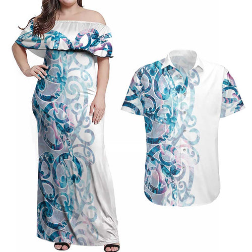 Turquoise Paua Shell Maori Couples Matching Off Shoulder Maxi Dress and Hawaiian Shirt Koru Kowhaiwhai - Aussie Hoodie
