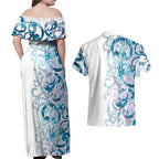 Turquoise Paua Shell Maori Couples Matching Off Shoulder Maxi Dress and Hawaiian Shirt Koru Kowhaiwhai - Aussie Hoodie