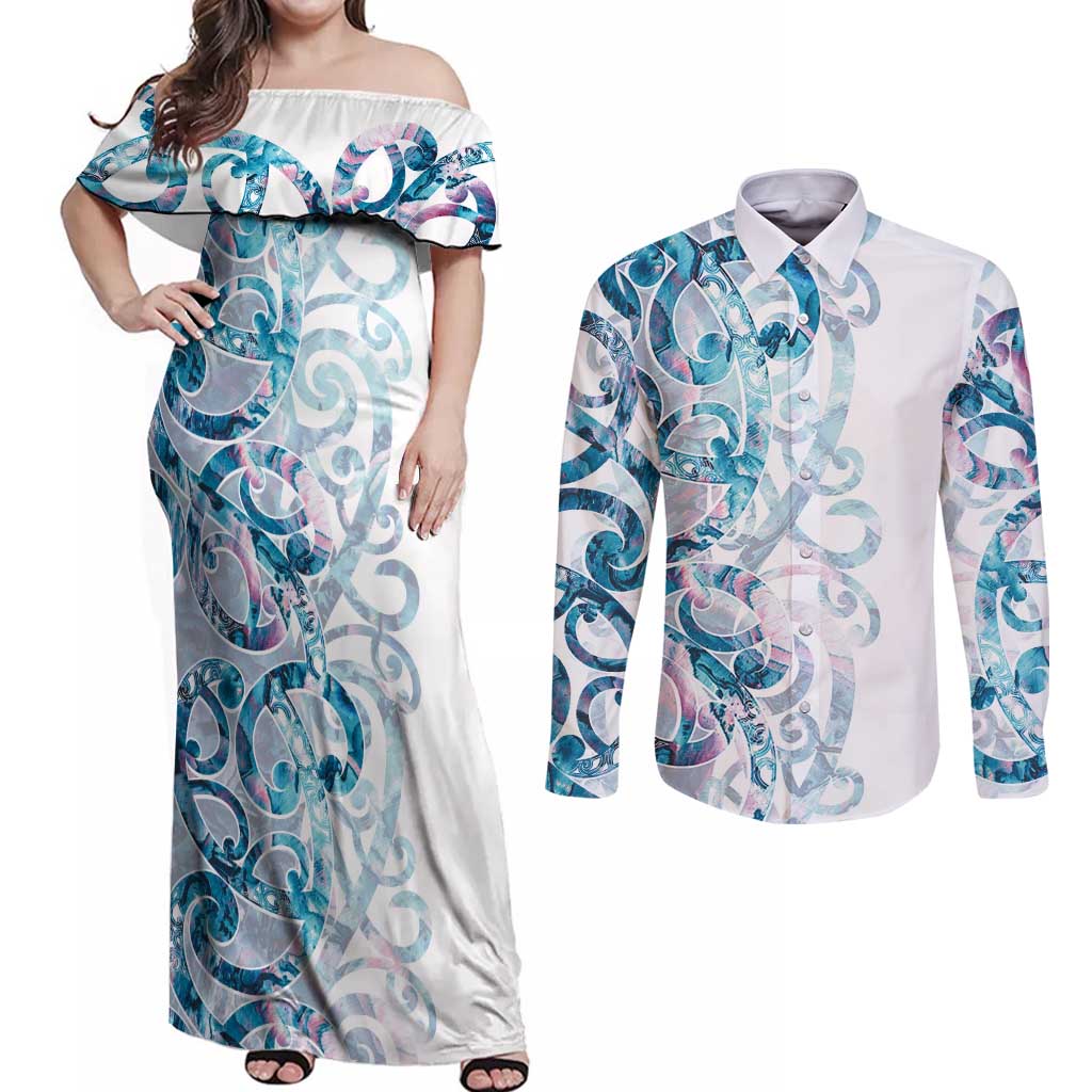Turquoise Paua Shell Maori Couples Matching Off Shoulder Maxi Dress and Long Sleeve Button Shirt Koru Kowhaiwhai - Aussie Hoodie
