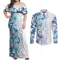 Turquoise Paua Shell Maori Couples Matching Off Shoulder Maxi Dress and Long Sleeve Button Shirt Koru Kowhaiwhai - Aussie Hoodie