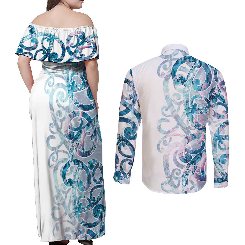 Turquoise Paua Shell Maori Couples Matching Off Shoulder Maxi Dress and Long Sleeve Button Shirt Koru Kowhaiwhai - Aussie Hoodie