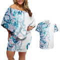 Turquoise Paua Shell Maori Couples Matching Off Shoulder Short Dress and Hawaiian Shirt Koru Kowhaiwhai - Aussie Hoodie