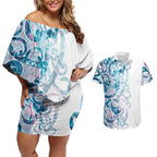 Turquoise Paua Shell Maori Couples Matching Off Shoulder Short Dress and Hawaiian Shirt Koru Kowhaiwhai - Aussie Hoodie